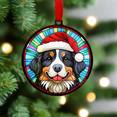 Bernese Mountain Dog in Santa Hat Suncatcher Decoration